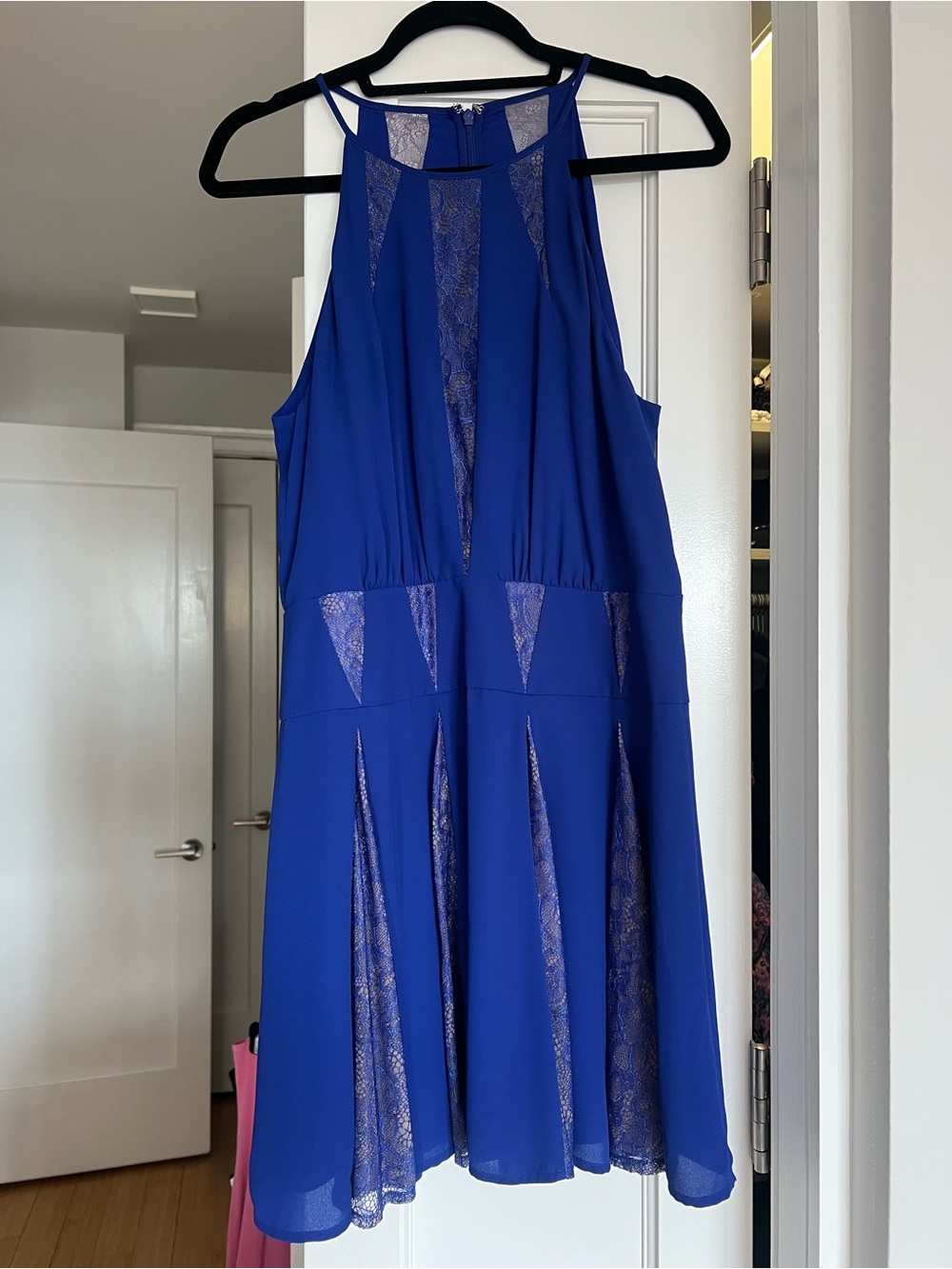 BCBGMaxAzria Cobalt Blue Lace-Panel Halter Mini Dress
